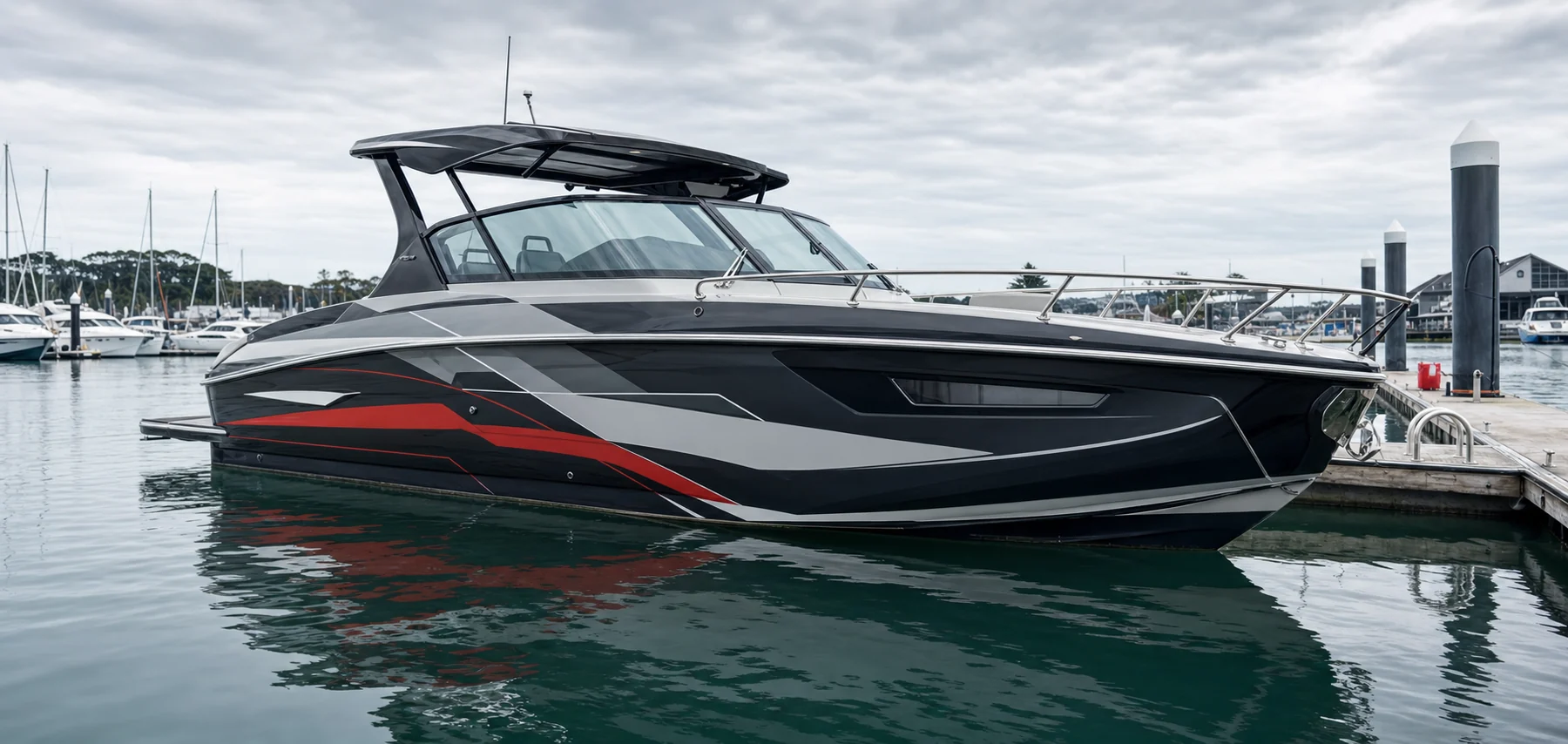 Black, red and grey vinyl boat wrap on a motorboat at an Auckland marina