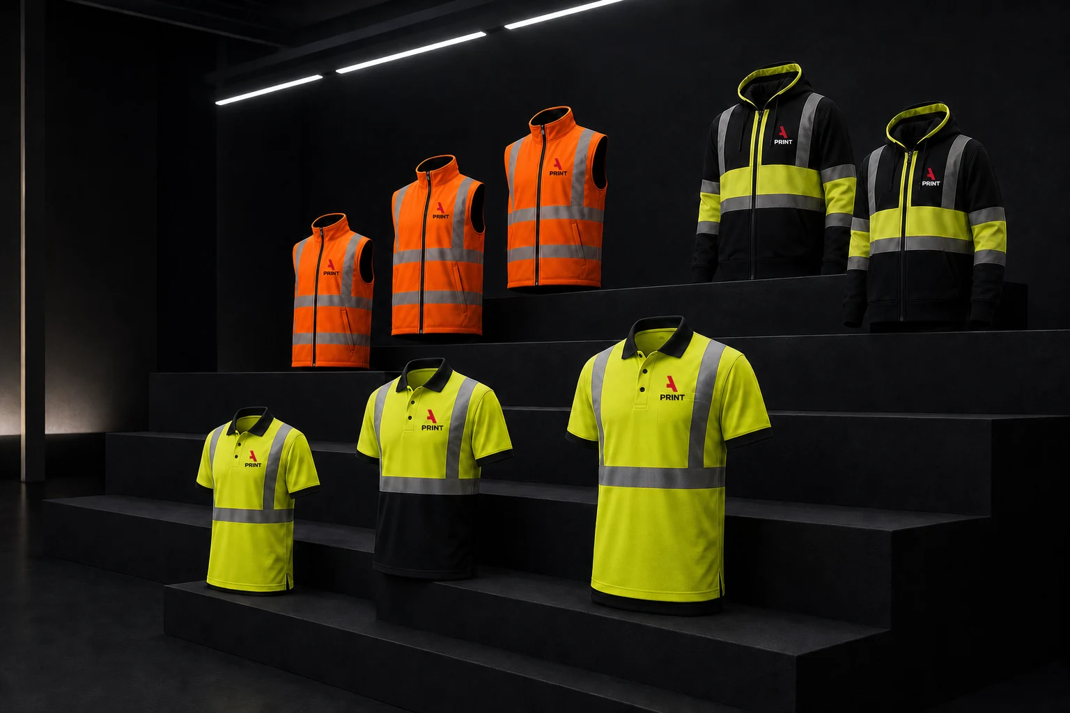 Coordinated 3A Print branded high-vis polos, vests and hoodies for work crews