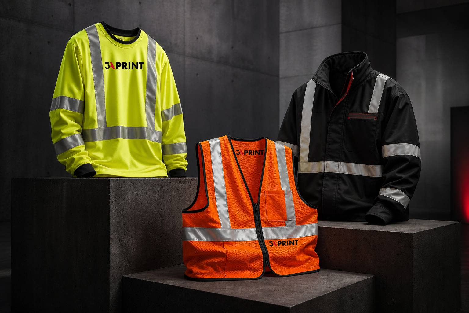 3A Print branded high-vis workwear including a safety shirt, vest and jacket