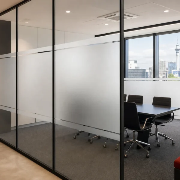 Frosted privacy vinyl on modern office glass partitions
