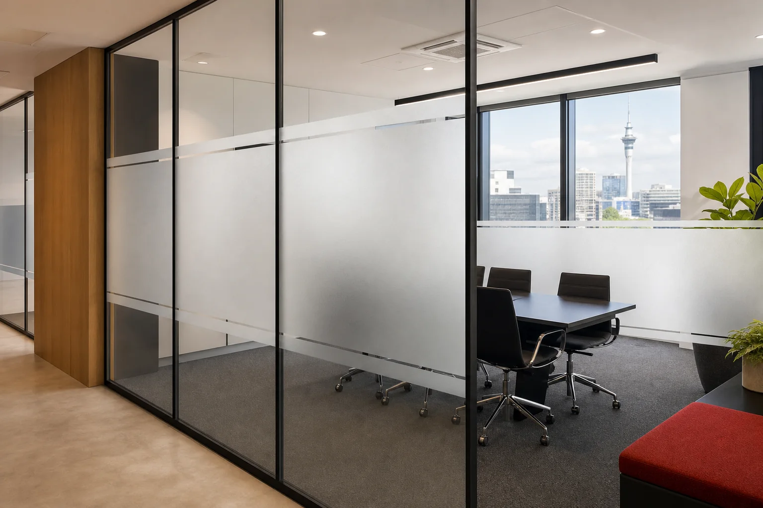 Frosted privacy vinyl on modern office glass partitions