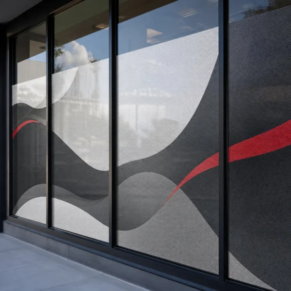 Perforated one-way vision vinyl applied to an Auckland shopfront window