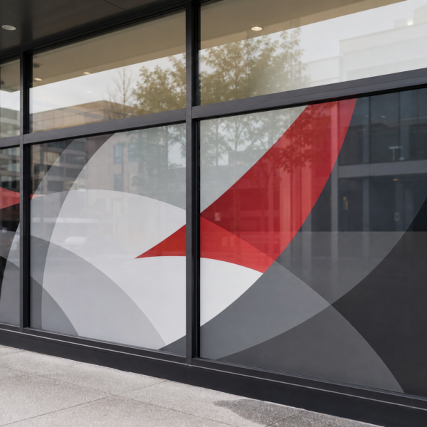 Printed polymeric air-release vinyl applied to a commercial shopfront window