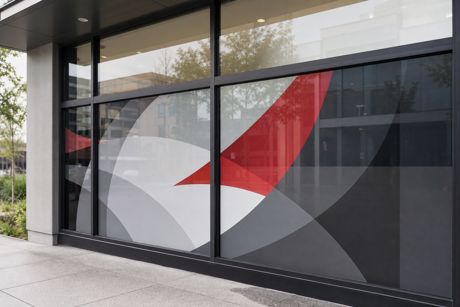 Printed polymeric air-release vinyl applied to a commercial shopfront window